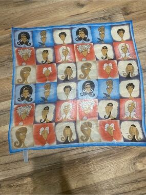 Vintage Faces Elaine gold 100% Silk Scarf in Blue, Red, Cream